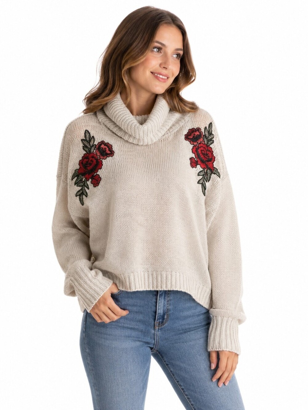 Urban Heritage Women’s Cream Cowl Neck Rose Embroidered Knit Sweater- S